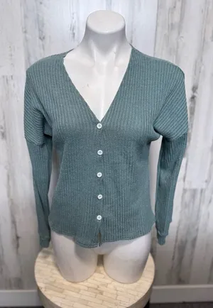 Green Ribbed Button Front Cardigan Top | Size Small | Long Sleeve Knit Sweater thumbnail 1