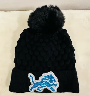 National Football League Detroit lions Black Knit Beanie with Blue Sequin Lion logo! thumbnail 1