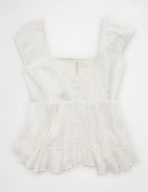 American Eagle Outfitters White Button-Front Ruffle Peplum Top thumbnail 1