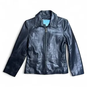 Nine West Leather Jacket Women Small Black Zip Front Minimalist Classic Moto Y2K thumbnail 1