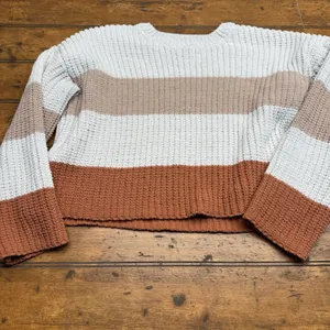 Jun & Ivy Stripe Sweater Cream Brown Rust Cropped Small Cozy‎ Fall Vibes thumbnail 2