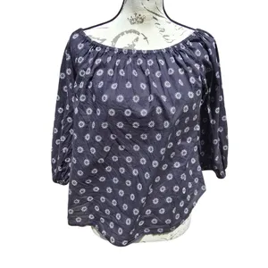 Maeve Anthropologie Navy‎ Blue Sunburst Print Off the Shoulder Cotton Blouse S thumbnail 3