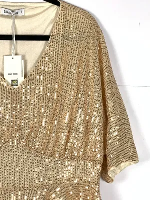 Grace Karin Womens Top 1XL Gold Sequin V Neck Batwing Peplum Party Blouse thumbnail 4