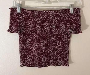 pacsun burgundy floral off the shoulder top XS thumbnail 1