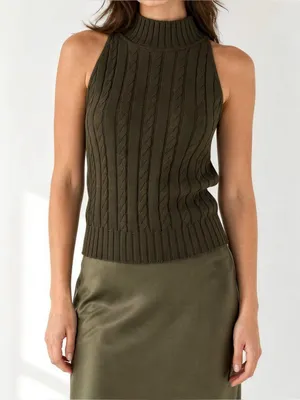 LILYSILK Classic High-Neck Cable-Knit Sleeveless Silk Top, Pine, Large thumbnail 1