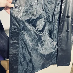 Vtg 90s Global Identity leather Coat womens S black Long 90s Trench Matrix Y2K thumbnail 6