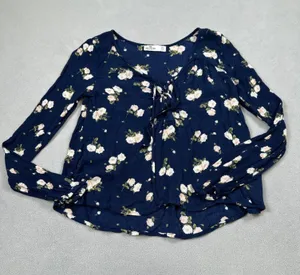 Hollister Women Navy Floral Lace-Up Long Sleeve Babydoll Blouse XS Boho thumbnail 1