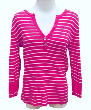 Ralph Lauren Pink White Stripe Knit Henley Knit Top L Preppy thumbnail 1