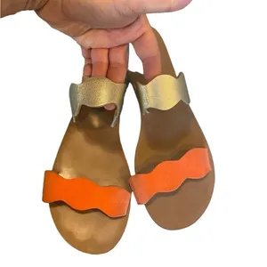 J.Crew Scalloped gold Metallic orange Leather Sandals slides Resortwear Vacation thumbnail 4