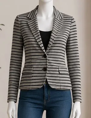 Check & Stripe Women Blazer Gray Black Horizontal Stripe Soft Knit Medium thumbnail 1