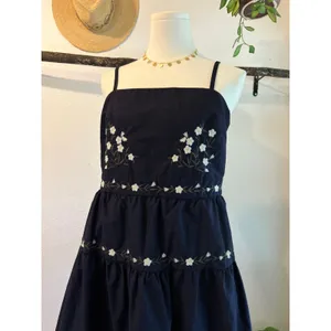 Navy Blue Floral Embroidered Folk Tiered Midi Dress Size Small 100% Cotton thumbnail 2