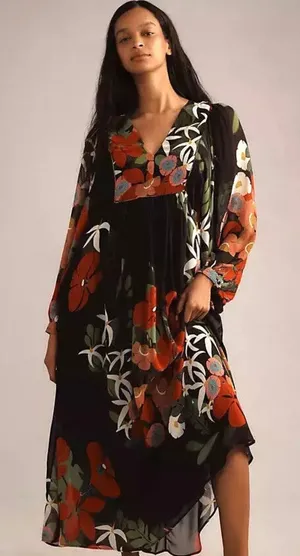 Farm Rio x Anthropologie Long Sleeve V Neck Floral Maxi Dress Balloon Sleeve S thumbnail 1