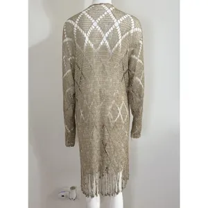 Womens Crochet Knit Cardigan Long Duster Metallic Beige Fringe Boho Cover Up L thumbnail 5