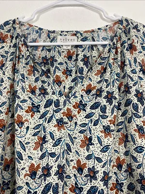 Velvet by Graham & Spencer White Floral V-Neck Blouse with Blue & Brown Accents thumbnail 5