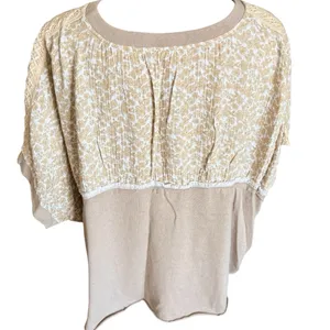 Easel Short Dolman Sleeve Tee Size L (oversized 28” PTP) Beige White Floral thumbnail 7