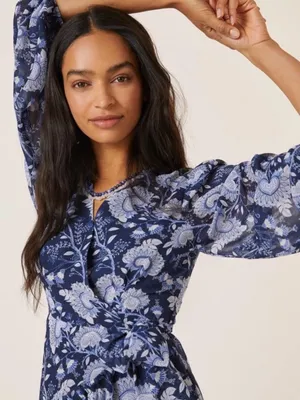 Anthropologie Hutch Navy Floral Wrap Midi Dress Small Cottagecore Boho Romantic thumbnail 2