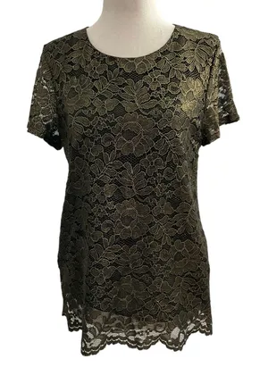 Banana Republic Women Size Small Lace Black Metallic Gold Shirt Top (17-693) thumbnail 1
