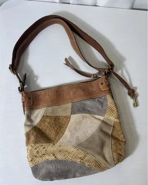 VTG Fossil Suede/Leather Snake Patchwork Shoulder‎ Crossbody HOBO Bag Purse BOHO thumbnail 1