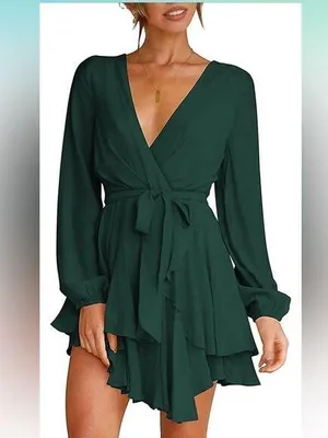 NEW Dress Deep V-Neck Long Sleeve Waist Tie Ruffle Mini Swing Green Medium thumbnail 1
