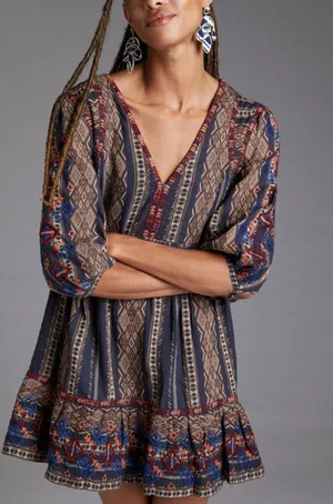 Anthropologie Embroidered 3/4 Length Puff Sleeves Tunic Dress Boho Size XS thumbnail 1
