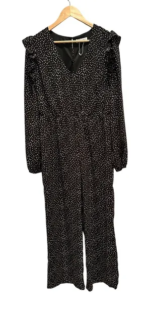Downeast Womens XL Black Tan Seed Print Ruffle Long Sleeve Wide Leg‎ Jumpsuit thumbnail 1
