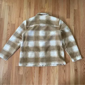 Gap Plaid Fleece Jacket Womens XL Tan Minimalist Fall Granola Western Neutral thumbnail 9