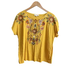 Solitaire Mustard Yellow Embroidered Boho Blouse Rayon Short Sleeve Top 21-232 M thumbnail 14