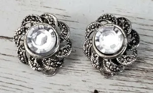 Vintage Clip On Earrings Large Clear Gem with Ornate Dark Silver Tone Halo thumbnail 1