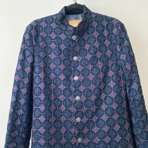 Laromani Blue Embroidered Sequin‎ Sherwani Nehru Collar Long Jacket Coat thumbnail 2