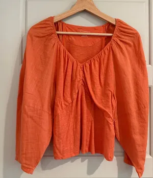 Anthropologie Orange V-Neck Puff Sleeve‎ Boho Cotton Top Size Medium thumbnail 1