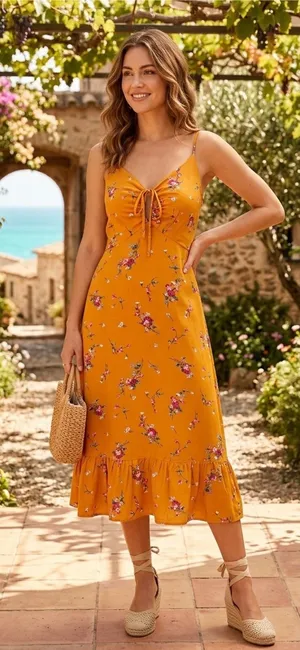 re:named Mustard Yellow Midi Dress Size M Floral Ruffle Sweetheart Keyhole Tie thumbnail 1