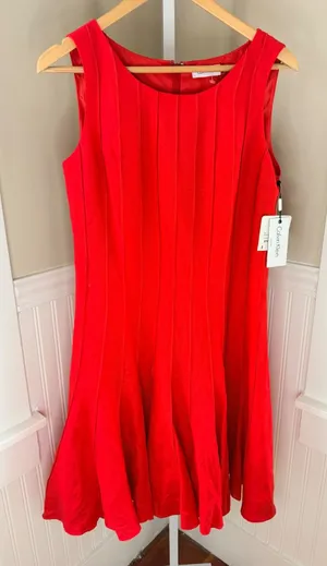 NWT Calvin Klein Fire Red Linen Blend Pintuck Fit & Flare Dress 10 CD8M1583 thumbnail 1