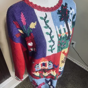 Karen Scott Hand Knit Sweater Spring Cardinal Bird Flowers Birdhouse sz M VTG thumbnail 2