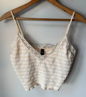 Alya Lace Trim Striped Waffle Knit Cami Tank Top Cream Ivory Crop thumbnail 1