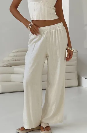 Princess Polly White Linen Blend Wide Leg Elastic Waist Pull On Lined Pants thumbnail 1