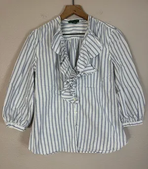 Ralph Lauren Jeans Company Cotton Striped Ruffle Blue White Blouse Medium thumbnail 1