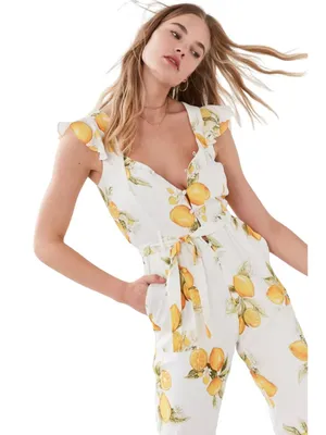 For Love & Lemons Limonada Tie-Front Jumpsuit Women's Medium White Lemon Print thumbnail 4