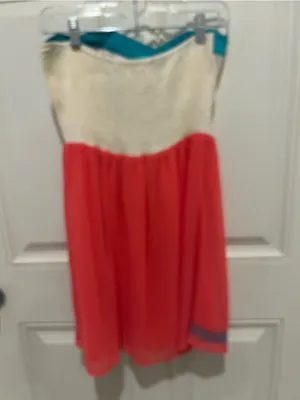 Flying Tomato Coral Strapless Dress with Teal Trim and Black-White Aztec Bodice thumbnail 2