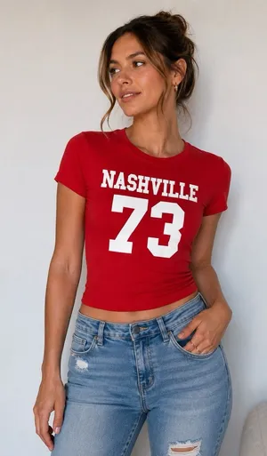 Edikted Nashville 73 Red Graphic Baby Tee Y2K Fitted Crewneck T Shirt Small thumbnail 1