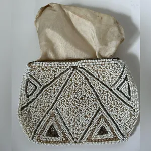 Vintage Beaded Clutch in Cream and Brown thumbnail 4