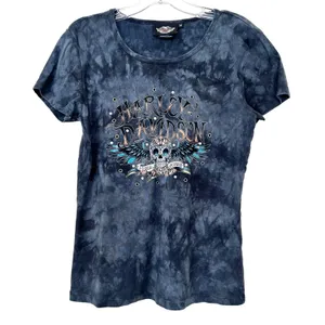 Harley Davidson Black Blue Tie Dye Skull Print T Shirt Sz M thumbnail 1