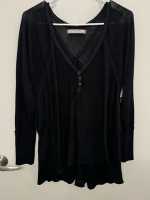 Free People We The Free Black Flowy Thermal Long Sleeve Top thumbnail 1