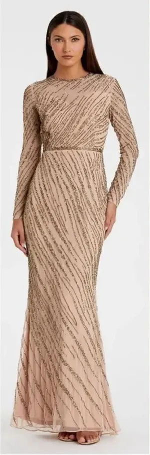 Mac Duggal 5240 Womens Long Sleeve Beaded Column Gown Dress Mocha thumbnail 1