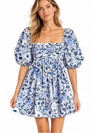 Abercrombie & Fitch Emerson Poplin Puff Sleeve Mini Dress Blue Size S thumbnail 1