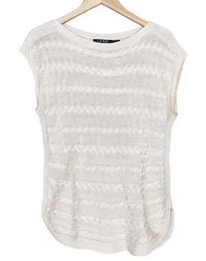 Lauren Ralph Lauren Cream Cable Knit Cap Sleeve Sweater Sz M thumbnail 1
