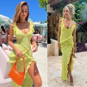 NWOT House of CB Pixie Lime Green Ruffle Maxi Dress sz XS thumbnail 2