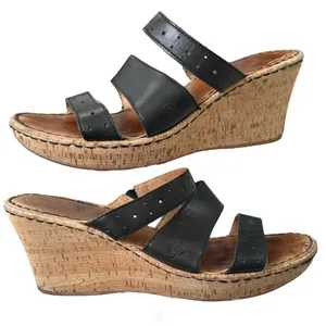 BORN Cork 3” Wedge Heel Strappy Slip-On Black Leather Sandals Sz‎ 10 Platform thumbnail 1