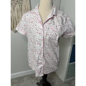 Petite Plume Pink White Floral Cottagecore Button-up Short sleeved Pajama Top M thumbnail 2