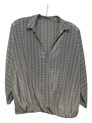 Zara Satin Feel Wrap Front Blouse Blue Grey Print Size Medium thumbnail 2