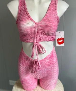 Hot Kiss Pink Textured Two Piece Set Ruched Crop Top & High Waist Shorts Size S thumbnail 1